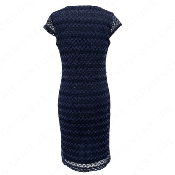 Sharagano Dress Deep Navy Blue Lace Overlay Sequin Shimmer Chevron Pattern Sz 6 - Picture 3 of 7